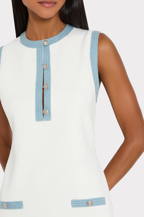 Marlow Knit Mini Dress Ecru - Close-Up Crystal Buttons & Split Neckline | MILLY