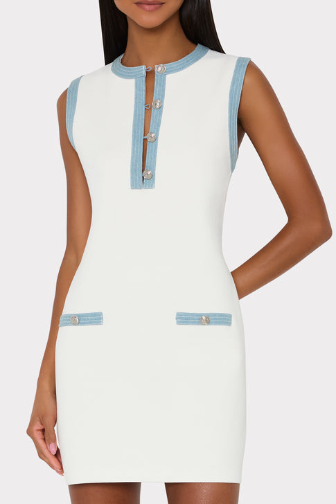Marlow Knit Mini Dress - Crystal Button & Blue Trim Neckline Detail | MILLY