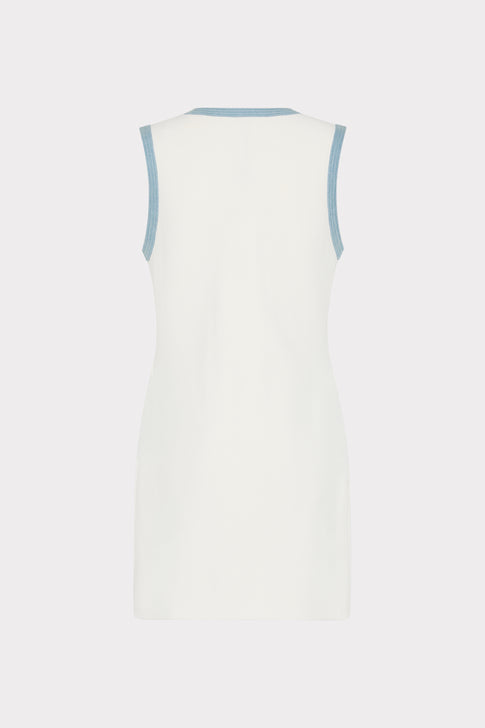 Marlow Knit Mini Dress in Ecru - Back View with Blue Trim Detail | MILLY