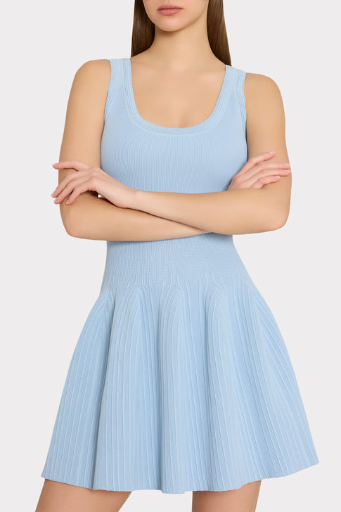 Light Blue Knit Mini Dress - Ribbed Pleated Skirt Detail Close-Up | MILLY