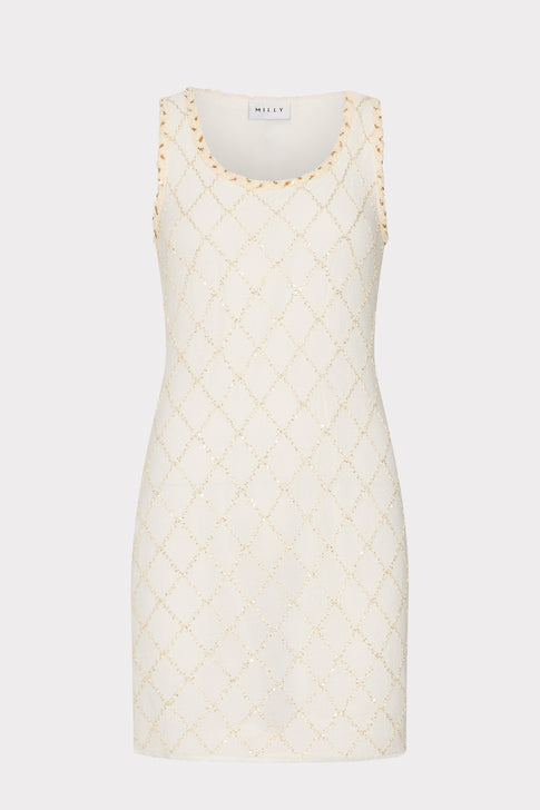 Off-White Diamond Knit Mini Dress with Gold Metallic Detail - Front Flat Lay | MILLY