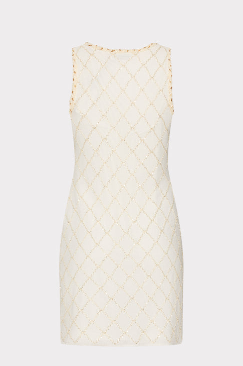 Off-White Diamond Knit Mini Dress with Gold Metallic Sequin Detail - Back View | MILLY