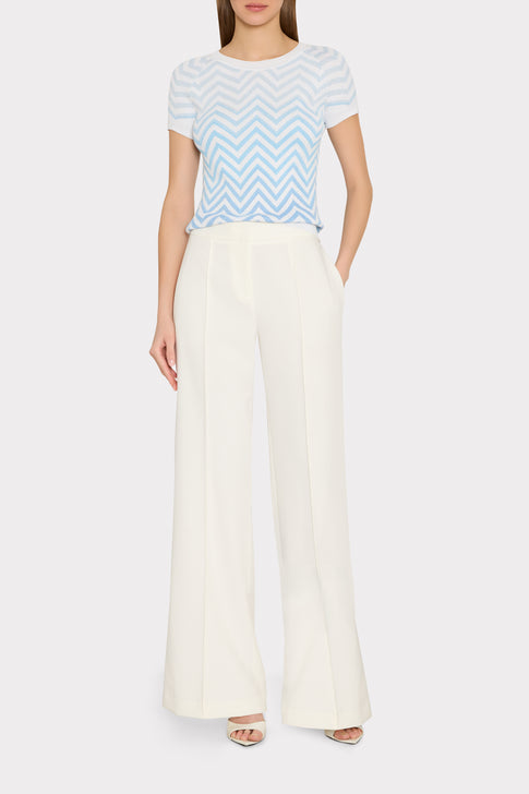 Blue Multi Chevron Knit Top Styled with White Wide-Leg Pants - On Model Front View | MILLY