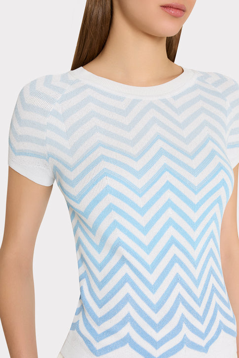 Blue Multi Chevron Knit Top - On Model Close-Up Front Detail | MILLY