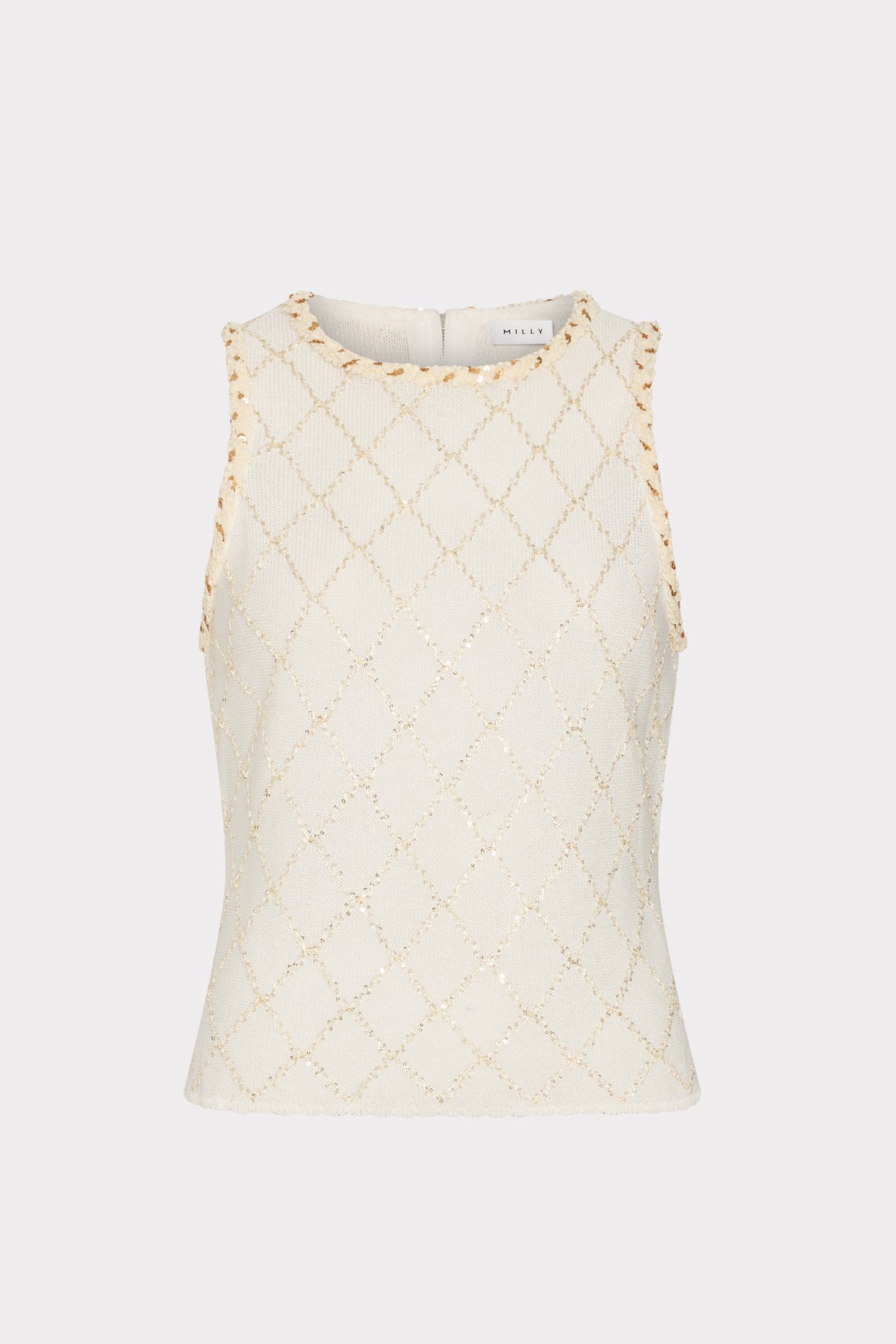 White sleeveless top with a textured pattern on a white background