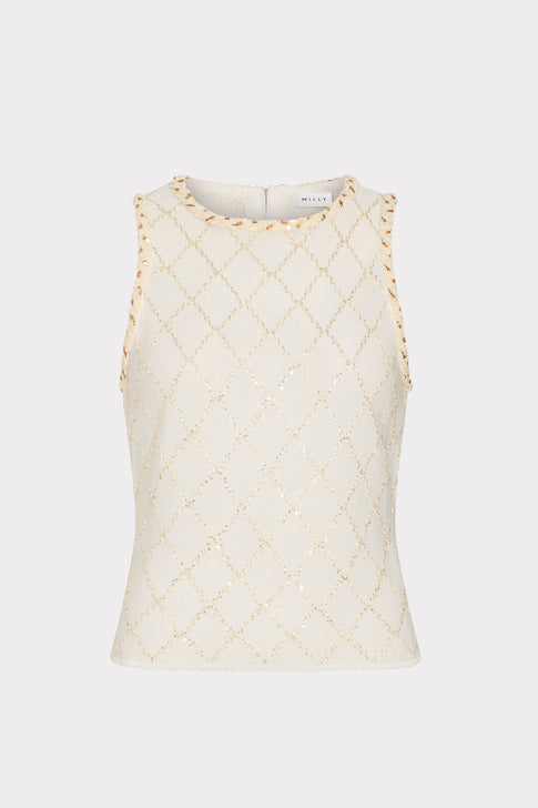 White sleeveless top with a textured pattern on a white background