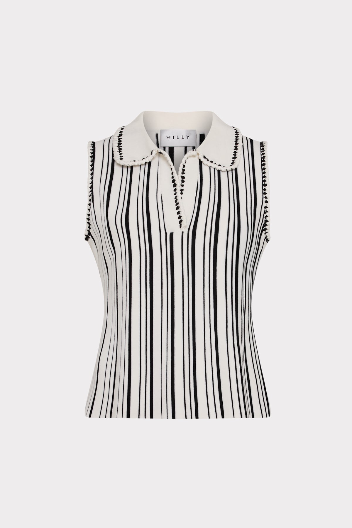 Black and white striped sleeveless knit top with polo collar - Front View | MILLY