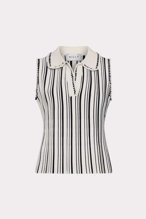 Black and white striped sleeveless knit top with polo collar - Front View | MILLY