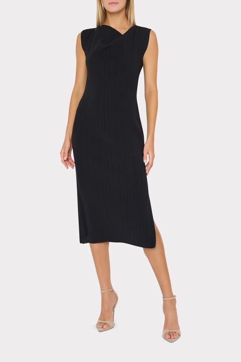 Black Designer Knit Midi Dress - On Model Front View, Elegant Ribbed Silhouette | MILLY