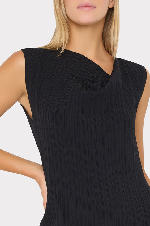 Black Ribbed Knit Dress - Neckline and Bodice Detail Close-Up | MILLY