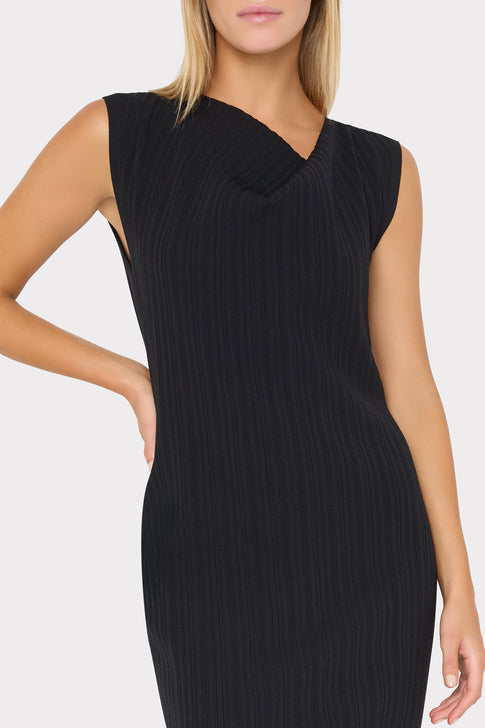 Black Ribbed Knit Dress - Close-Up Asymmetric Neckline Detail, On Model | MILLY