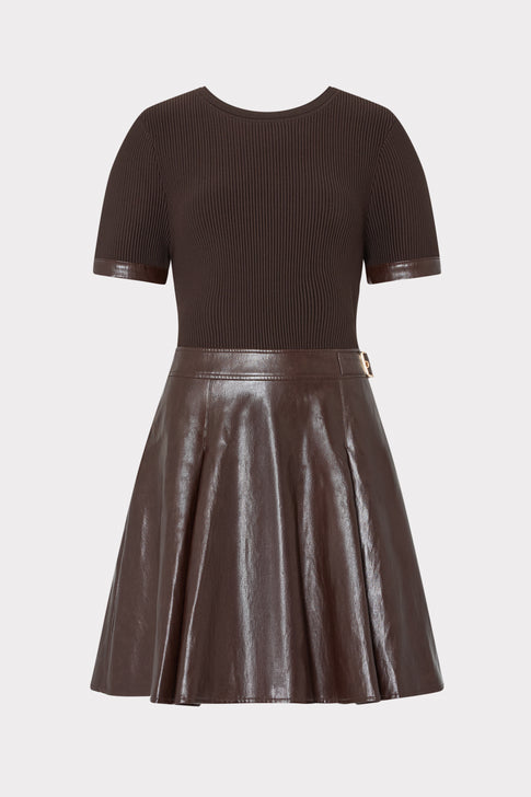 Dark Brown Mixed-Media Ribbed Knit & Faux Leather Mini Dress - Front Flat View | MILLY