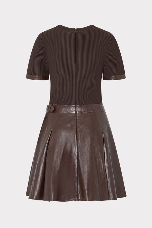 Dark Brown Knit & Faux Leather Mini Dress with Back Zip and Pleated Skirt - Rear Flat View | MILLY