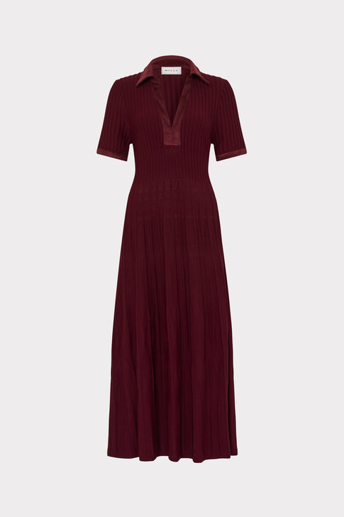 Burgundy Ribbed Knit Midi Dress - Front Flat View | MILLY