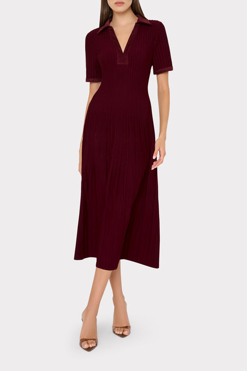 Burgundy Designer Knit Midi Dress On Model - Front View | MILLY