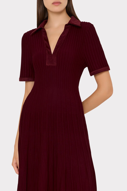 Burgundy Ribbed Knit Dress - V-Neck Collar Close-Up Detail | MILLY