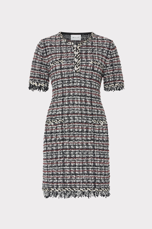Black White Tweed Fringe Mini Dress - Front Flat View | MILLY