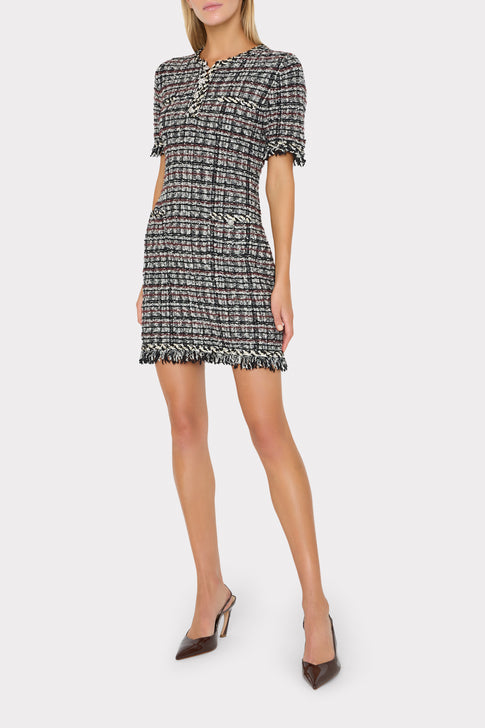 Black White Tweed Fringe Mini Dress - On Model Front View | MILLY