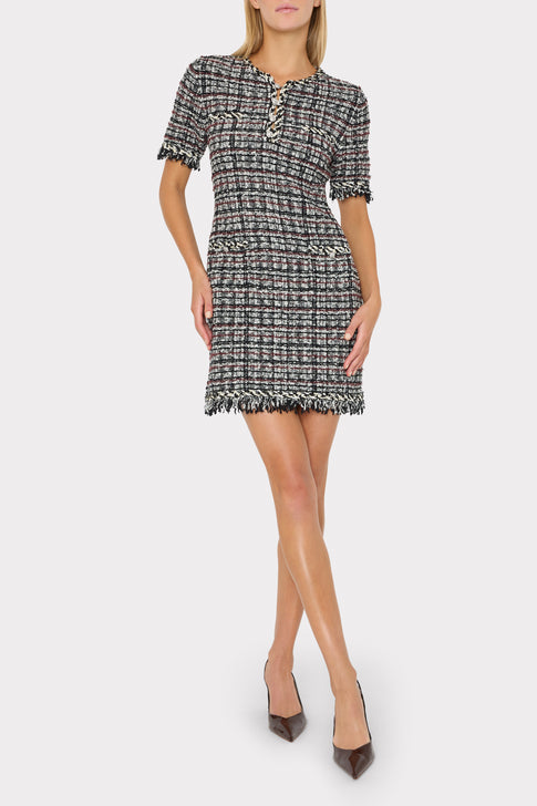 Black White Tweed Fringe Mini Dress - On Model Three-Quarter View | MILLY