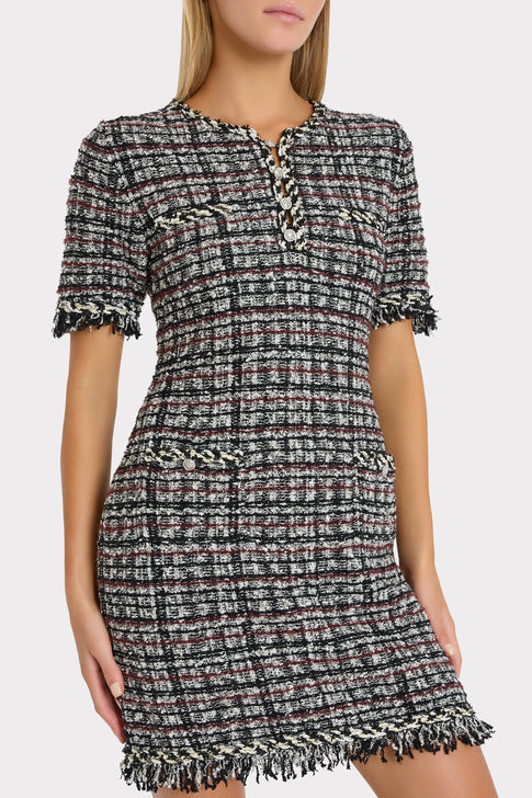 Black White Tweed Mini Dress - Fringe Hem & Button Detail Close-Up | MILLY