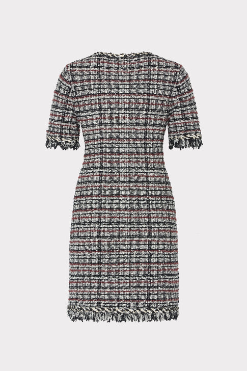 Black White Plaid Tweed Fringe Mini Dress - Back Flat View | MILLY