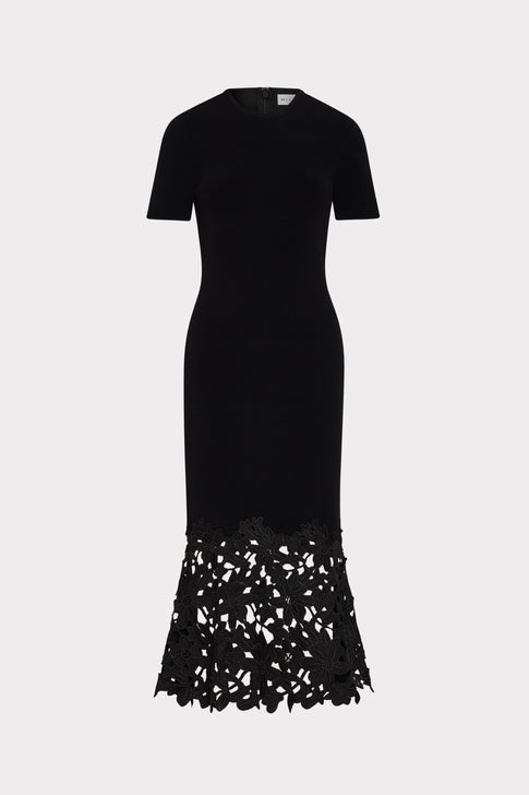 Black Knit Midi Dress with Floral Lace Hem - Flat View | MILLY
