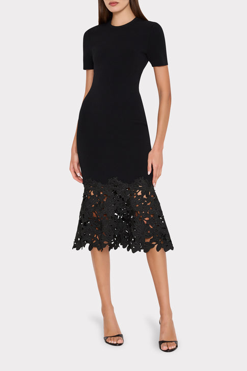 Black Halle Knit Midi Dress - On Model Front View, Elegant Lace Hem | MILLY