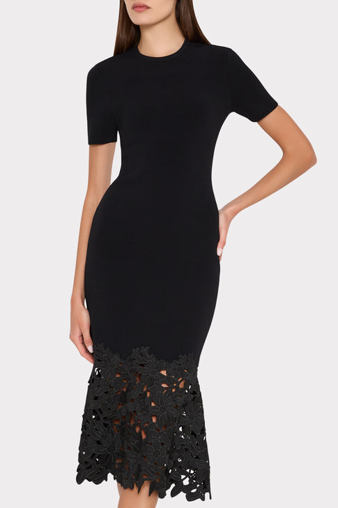 Black Designer Knit Midi Dress - On Model Three-Quarter View, Fitted Silhouette | MILLY