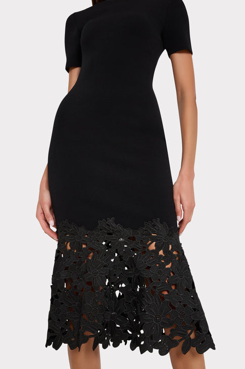 Black Halle Knit Dress - Close-Up Floral Lace Hem Detail, Unique Cutwork | MILLY