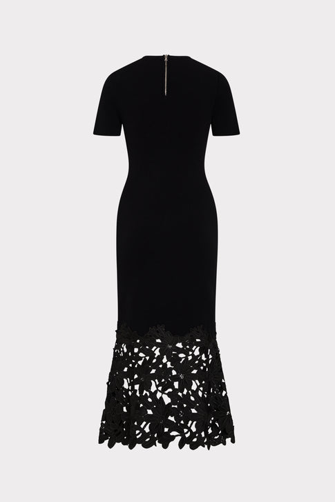 Black Luxury Knit Midi Dress - Back View with Center Zip, Floral Lace Hem | MILLY