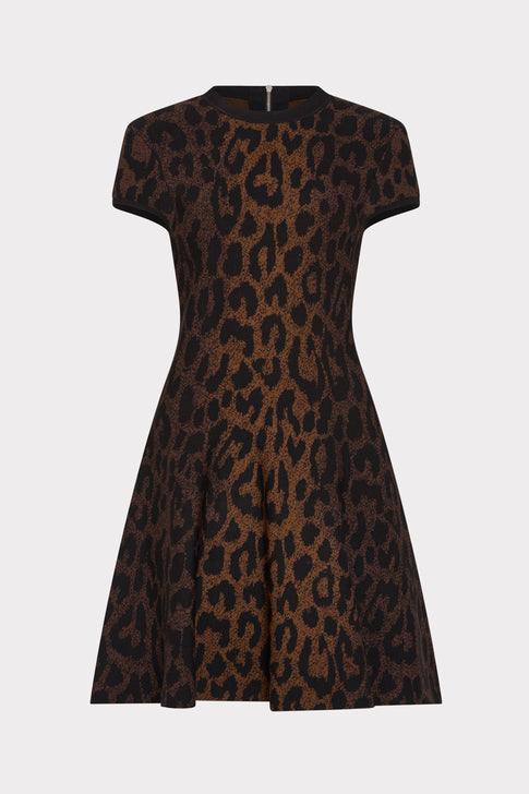 Brown Leopard Print Knit Mini Dress - Front Flat View, Flared Skirt & Cap Sleeve | MILLY