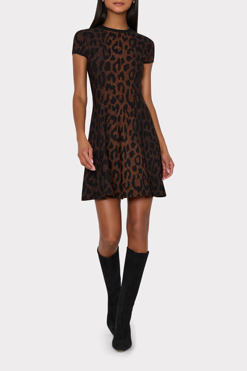 Brown Leopard Knit Mini Dress On Model with Black Knee-High Boots - Full Length Front View | MILLY