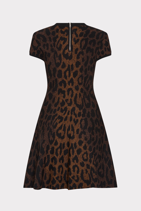 Brown Leopard Knit Mini Dress - Back Flat View with Silver Zip Closure Detail | MILLY