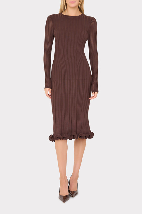 Dark Brown Elegant Ribbed Knit Dress On Model, Sculpted Waist & Ruffle Hem Detail - Side Angle | MILLY