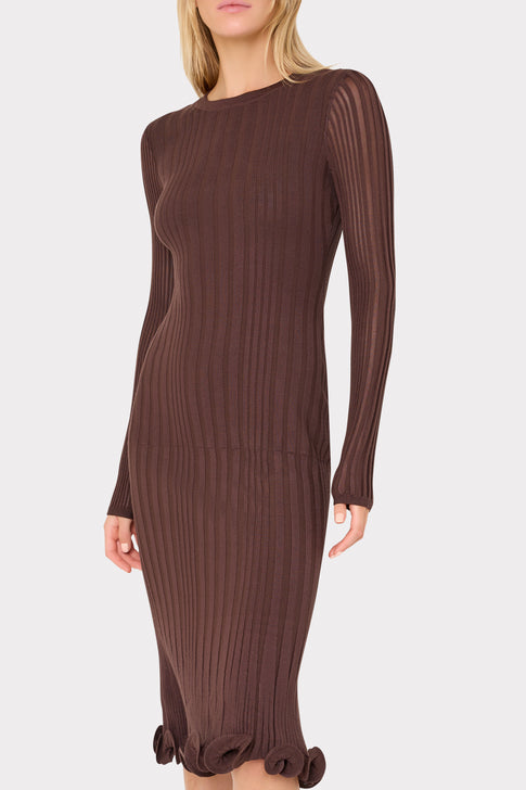 Dark Brown Luxury Knit Midi Dress Flat Lay - Back View, Gold Zip & Sculptural Ruffle Hem | MILLY