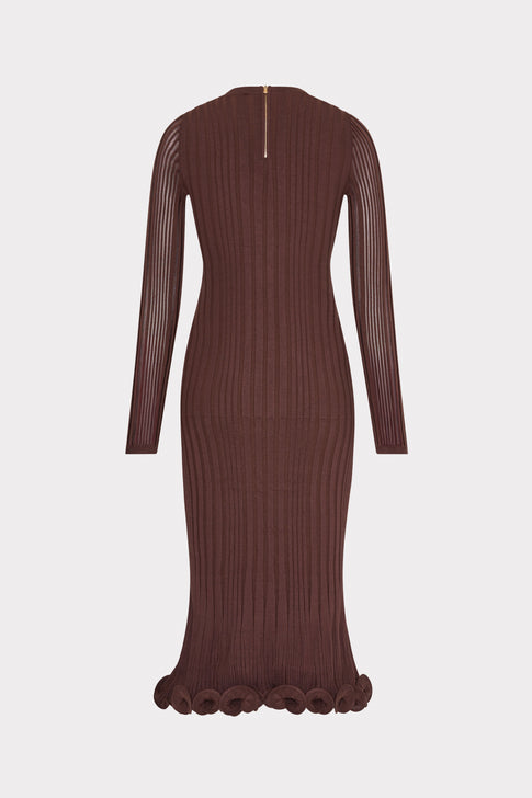 Dark Brown Ribbed Knit Dress Back Flat View, Body-Skimming Silhouette & Ruffle Hem | MILLY