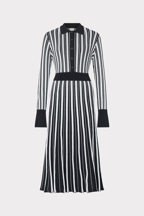 Black White Stripe Knit Midi Dress - Front View, Polo Collar & Pleated Skirt | MILLY