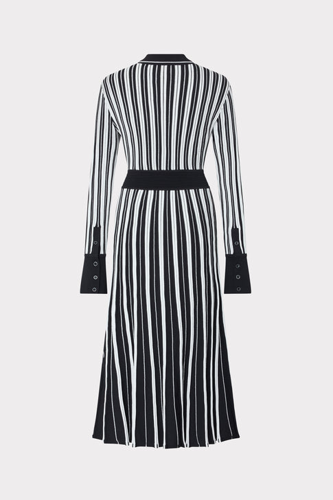 Black White Stripe Elegant Knit Midi Dress - Back View, Button Cuffs & Pleated Hem | MILLY