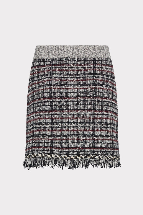 Black White Plaid Tweed Mini Skirt - Back Flat Lay, Fringe Hem Detail | MILLY