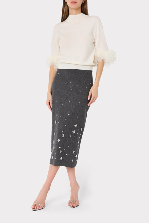 Dark Grey Crystal-Embellished Knit Midi Skirt - On Model Front View | MILLY