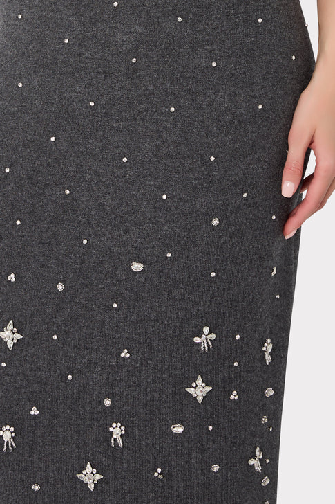Dark Grey Knit Midi Skirt - Crystal Embellishment Close-Up Detail | MILLY