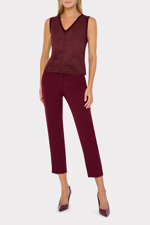 Burgundy Faux Suede Knit Top - On Model Full Length, Styled with Trousers | MILLY