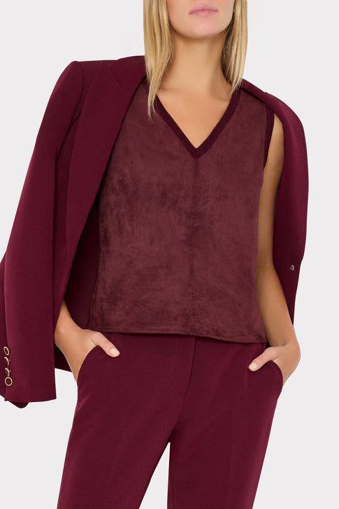 Burgundy Faux Suede Knit Top - V-Neckline and Mixed-Media Fabric Close-Up | MILLY