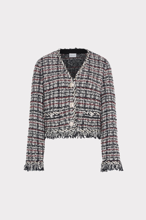 Black White Plaid Tweed Fringe Cardigan Jacket - Front Flat Lay | MILLY