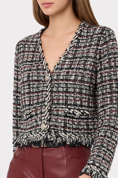 Designer Tweed Fringe Cardigan Jacket, Gold Button Detail Close-Up | MILLY