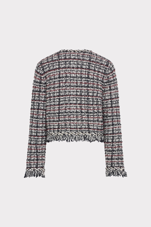 Black White Plaid Tweed Fringe Cardigan Jacket - Back View Flat Lay | MILLY