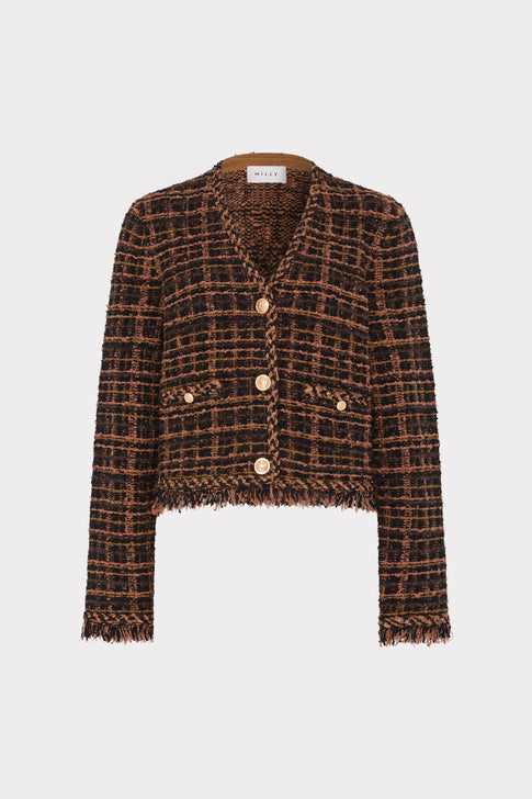 Brown Black Tweed Fringe Cardigan Jacket with Gold Buttons - Front Flat View | MILLY