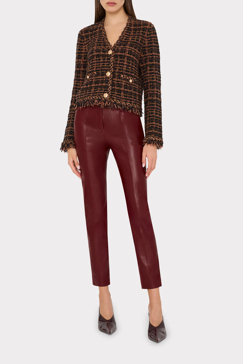 Brown Black Tweed Fringe Cardigan Jacket On Model Full Length - Luxury Styled Look | MILLY