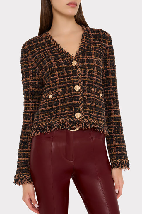 Brown Black Fringe Cardigan Jacket On Model Close Up - Elegant Designer Knit Outerwear | MILLY