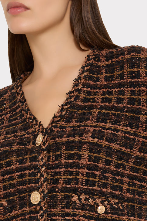 Brown Black Tweed Fringe Cardigan Jacket - Gold Coin Button & V-Neck Knit Texture Close Up | MILLY